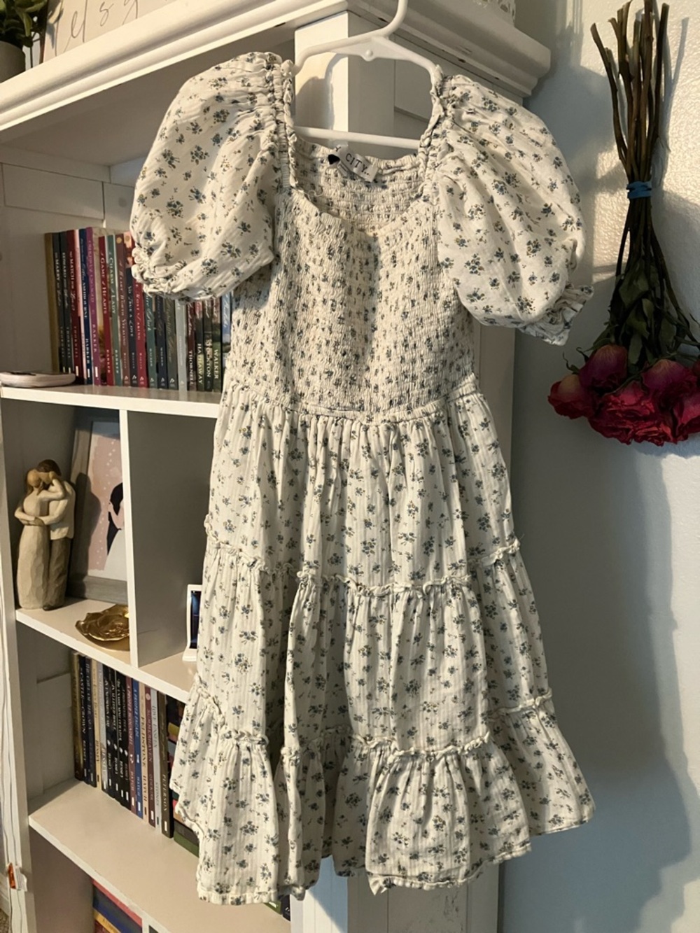 Ivy City Co Madeline White Dress with Small Blue Floral Print